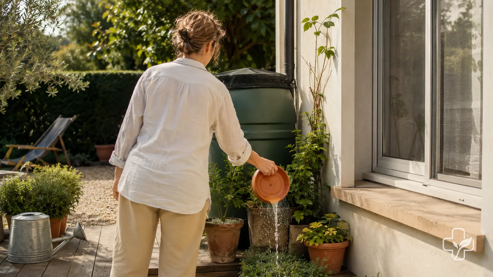 Une femme vide une coupelle d’eau dans un jardin pour limiter les moustiques