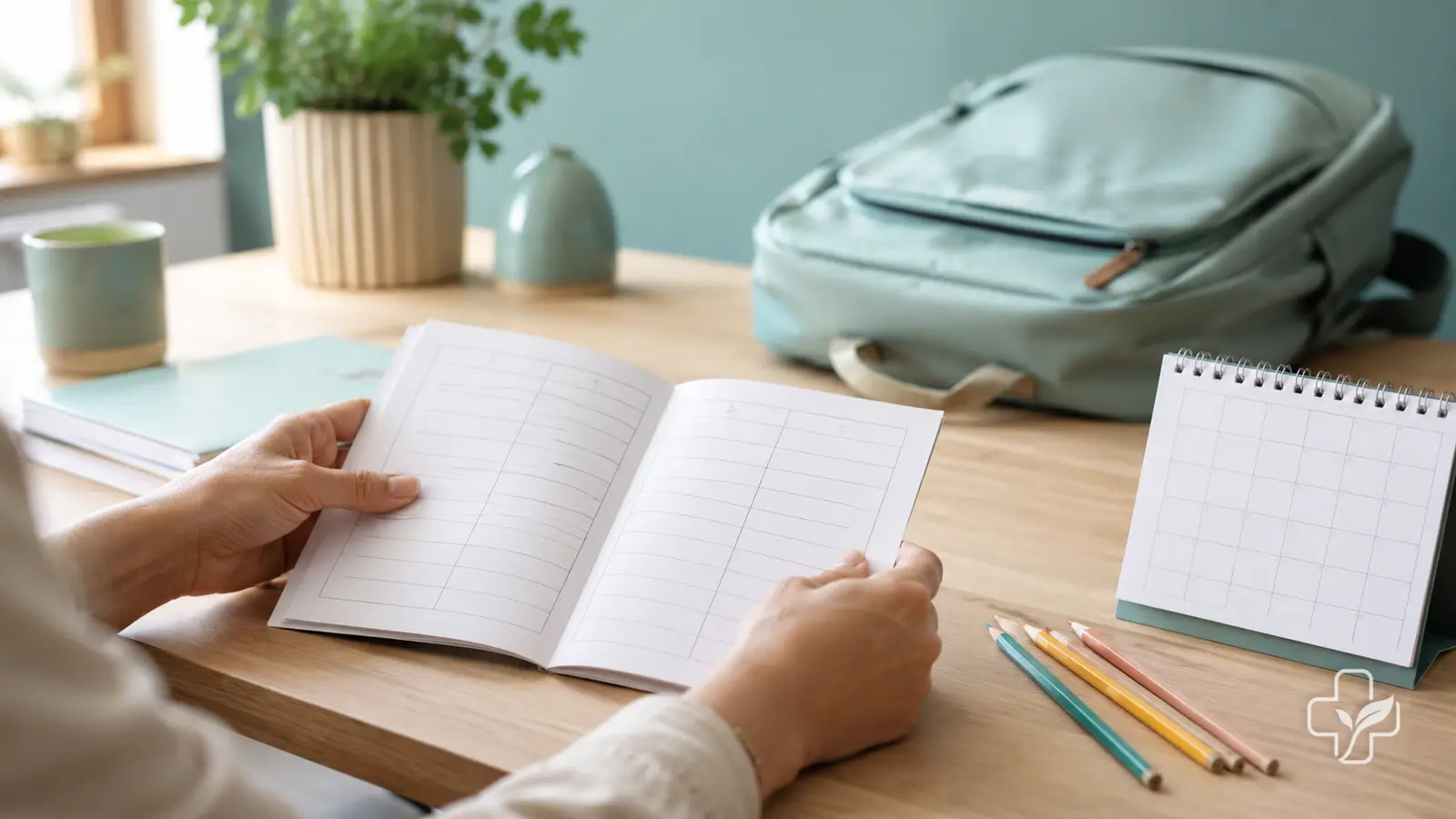 Une personne vérifie un carnet de vaccination avant la rentrée, avec un sac et un calendrier